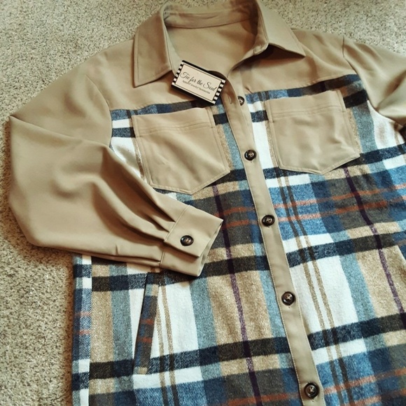 NWT Women's Long Khaki & Plaid Flannel Shacket Button Front Relaxed Fit M - Picture 13 of 13